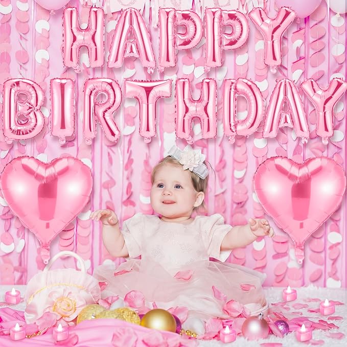 Pink Happy Birthday Balloons Decorations Happy Birthday Letter Balloons Banner Set with 24pcs Heart Flameless LED Candles and 2000pcs Artificial Rose Petals for Women Men Room Party Decor