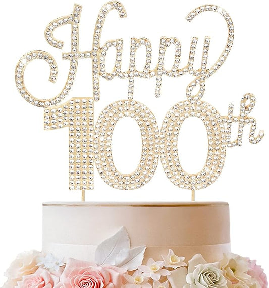 LINGTEER Happy 100th Birthday Gold Rhinestone Cake Topper - Cheers to 100th Birthday 100 Years Old Anniversary Party Cake Centerpieces Topper Decorations Gift Sign.