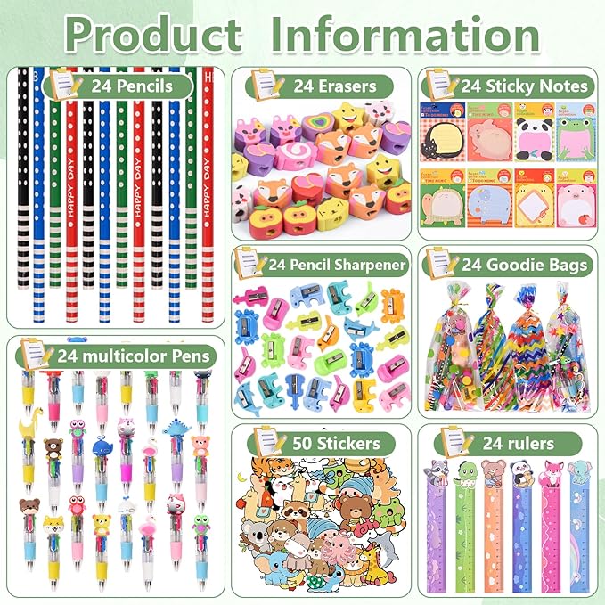 Ulema 24 Pack Cute Cartoon Animal Stationery Set,Birthday Gifts for Boys Girls School Goodie Bags School Classroom Games Rewards.