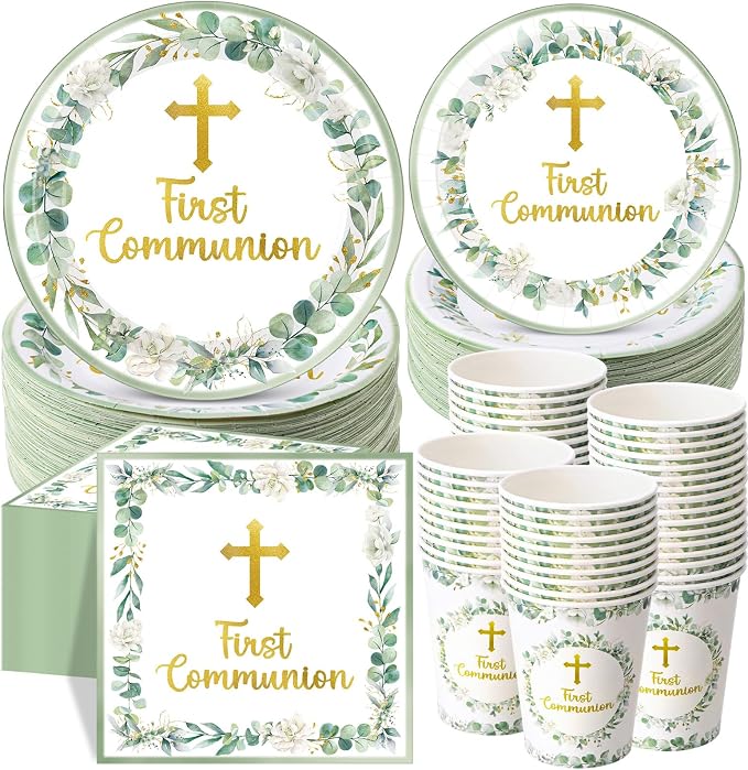 Pickmesh 250 Pcs Green First Holy Communion Disposable Tableware Set God Bless Baptism Disposable Paper Plates Napkins and Cups for Christening Celebration Baby Shower Religious Supplies Serve 50