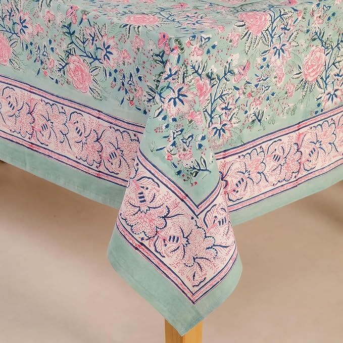 Hand Block Printed Tablecloth, Colorful Floral Print, Indian Artisan Handmade Art, Dining Room, Kitchen, Outdoor Décor, (Mint Green, 8 Seater 72 x 108 Inches Rectangle)