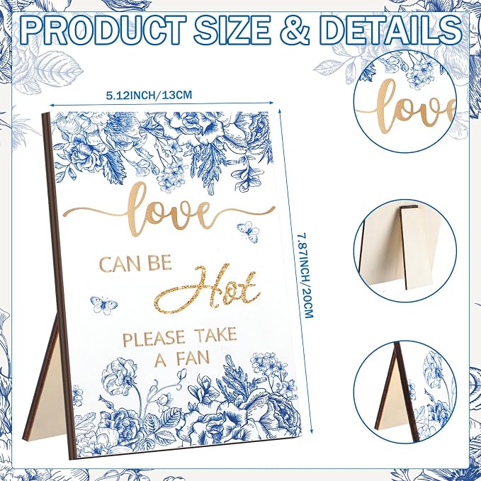 Roowest Wedding Favors for Guests Bulk 100 Pcs Chinoiserie Japanese Wedding Hand Fans and 1 Table Sign Blue and White Portable Plastic Fan with Wooden Handle for Bridal Shower Party Favor Gift