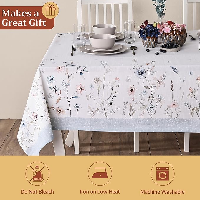 Maison d' Hermine Table Cloth Rectangle Table 100% Cotton 54 x 72 Inches Fall Tablecloth Reusable Everyday Use for Thanksgiving Christmas Decorations Dining Farmhouse Party (Ice Florals)