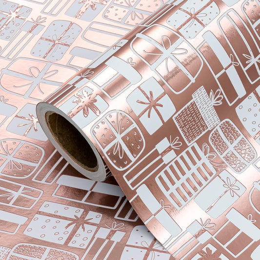 WRAPAHOLIC Wrapping Paper Roll - Mini Roll - 17 Inch x 33 Feet - Rose Gold Present Design with Metallic Foil Shine for Birthday, Party, Baby Shower