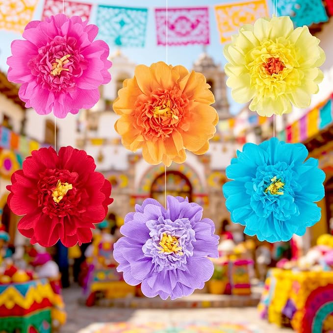 SUNBEAUTY Large Paper Flowers Giant Fiesta Tissue Paper Flowers Decorations for Wall 12 Inch Colorful Mexican Flowers for Summer Birthday Wedding Backdrop Bridal Shower Tropical Luau Carnival Party