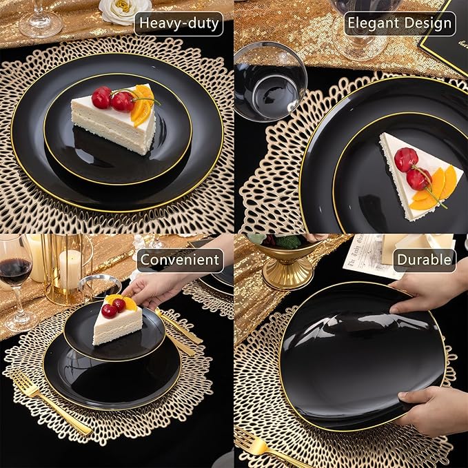 WDF 150PCS Black Plastic Plates - Black and Gold Plates Disposable - 25 Guest Disposable Dinnerware Sets for Party/Wedding/Graduation/Memorial Day