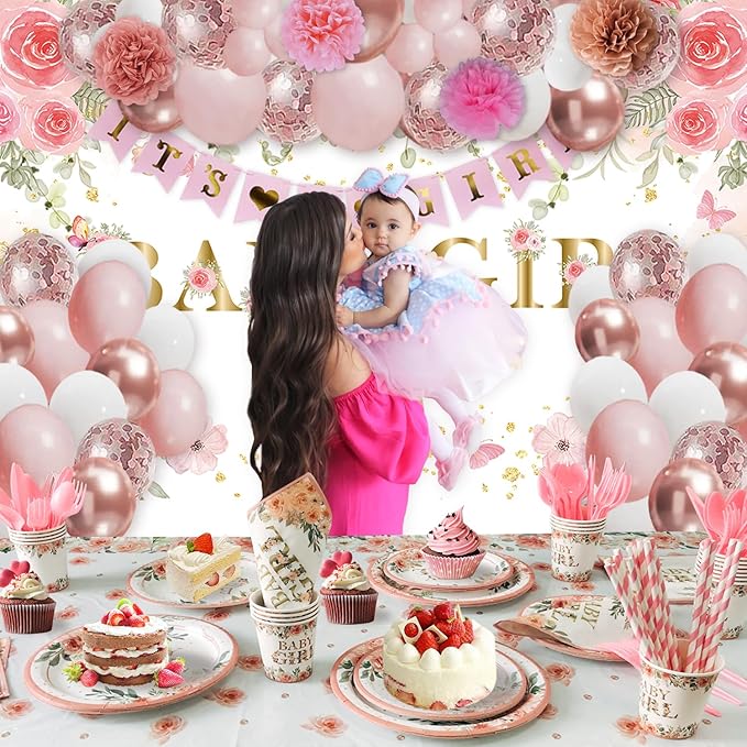 Baby Shower Decorations for Girl,225 PCS YHFNDIYS Pink Floral Girl Baby Shower Decorations Party Supplies (20 Guest) with Paper Plates Cups Napkins Straws Banner Tablecloth Backdrop Balloons Arch Kit