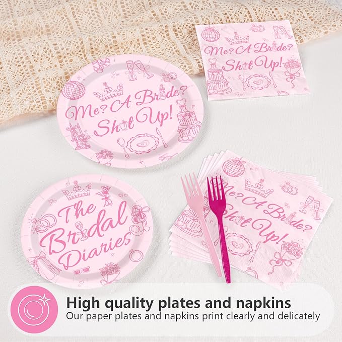 96Pcs Princess Bachelorette Party Decoration Me A Bride Shut Up Plates and Napkins Pink Diaries Funny Bridal Shower Tableware Set for Princess Wedding Bridal Shower Party Supplies Serves 24