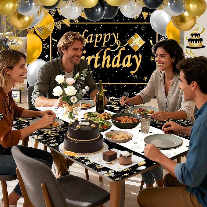 Black and Gold Birthday Decorations, Brithday Party Decorations for Men Boys Women Girls with Black Gold Happy Birthday Banner Decorations Tablecloth Backdrop Balloons Arch Bady Party Supplies