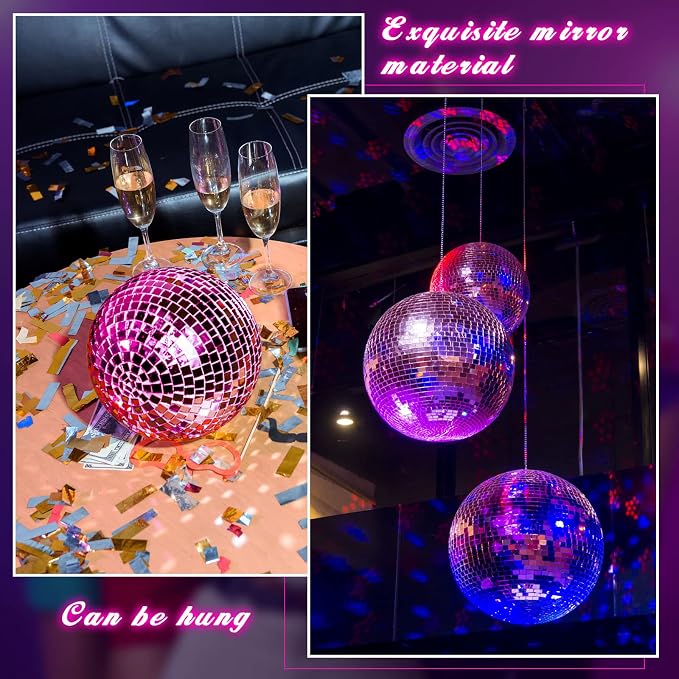 WILLBOND 12 Pack Disco Ball Party Decorations Hanging Mirror Balls Fun Retro Dj Lighting Effect Stage Props Game Accessories, 5.91", 3.94", 3.15", 2.36"(Pink)