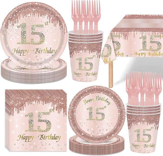 121Pcs 15th Birthday Party Supplies Plates Napkins Cups Forks Tablecloth Rose Gold Happy 15th Birthday Themed Disposable Tableware Decorations Serves 24 Guests for Girls 15 Years Birthday Decor
