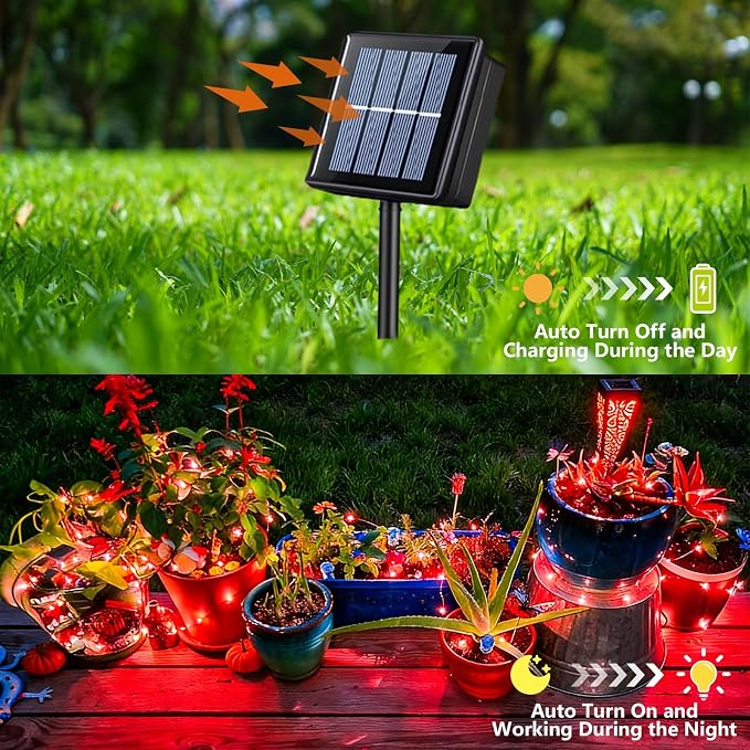 YEGUO 4 Pack Halloween Solar Fairy Lights, Each 33ft 100 LED Red Christmas Lights Outdoor Waterproof, 8 Modes Sliver Wire Solar String Lights