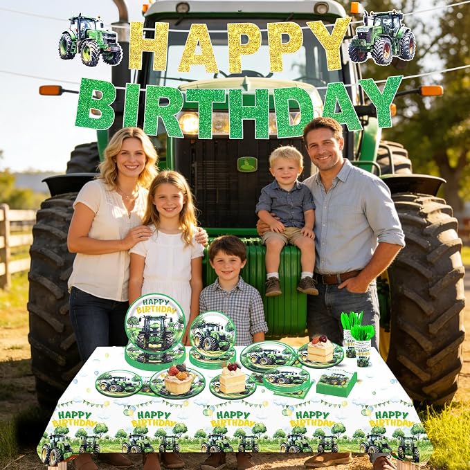 182pcs Tractor Birthday Decorations,Green Farm Party Tableware Set Includes Plates and Napkins,Cups,forks,knives,banner,Tablecloth,for Tractor Birthday Party Supplies,Serve 30