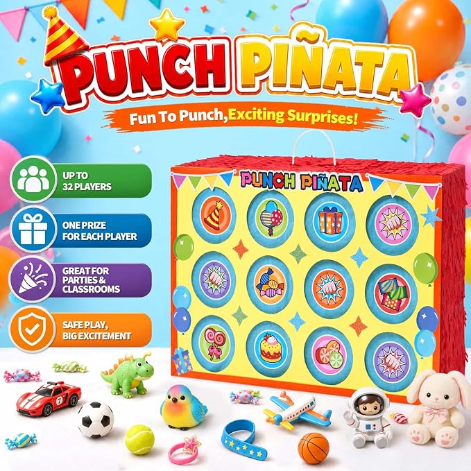 WERNNSAI Birthday Punch Piñata - Punch Box Piñata with 4 Sets of DIY Stickers & 4 Replacement Punch Papers, Hanging Surprise Game Supplies for Birthday Party, Family Gatherings, School Carnival Decor