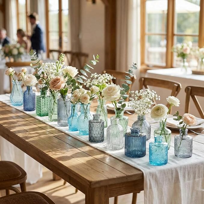 32 PCS Assorted Vintage Bud Vases, Colorful Glass Small Vases Bulk, for Centerpicecs, Wedding Table Decor, Home Decorations & Gifts (Blue Seiris)
