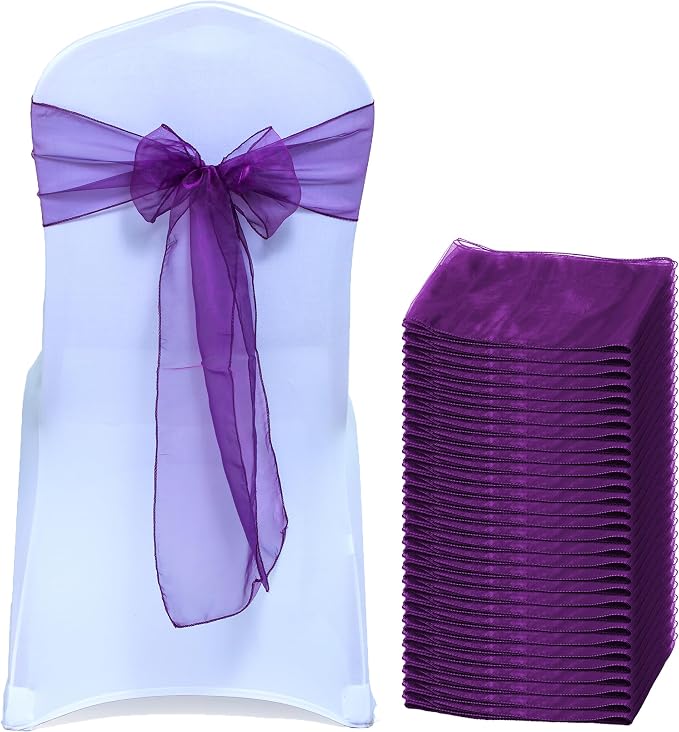 MDS® Pack of 125 Organza Chair Sashes for Wedding Decoration, Reusable Sheer Chair Bows for Banquet Chair Cover, Reception, Bridal Shower, Baby Shower, Birthday Party & Special Events - Dark Purple