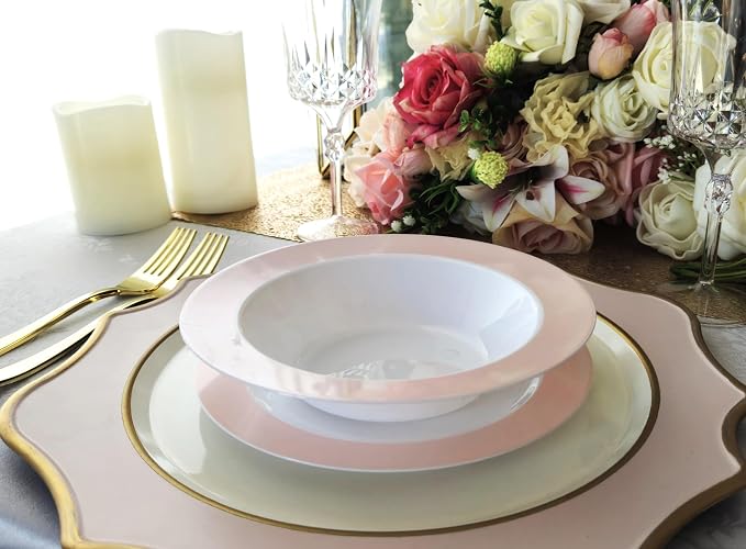 " OCCASIONS " 100 Plates Pack,(50 Guests) Heavyweight Wedding Party Disposable Plastic Plates -50x10.25'' Dinner+50x7.5'' Salad/Dessert (Rio Collection White & Pearled Pink Blush)