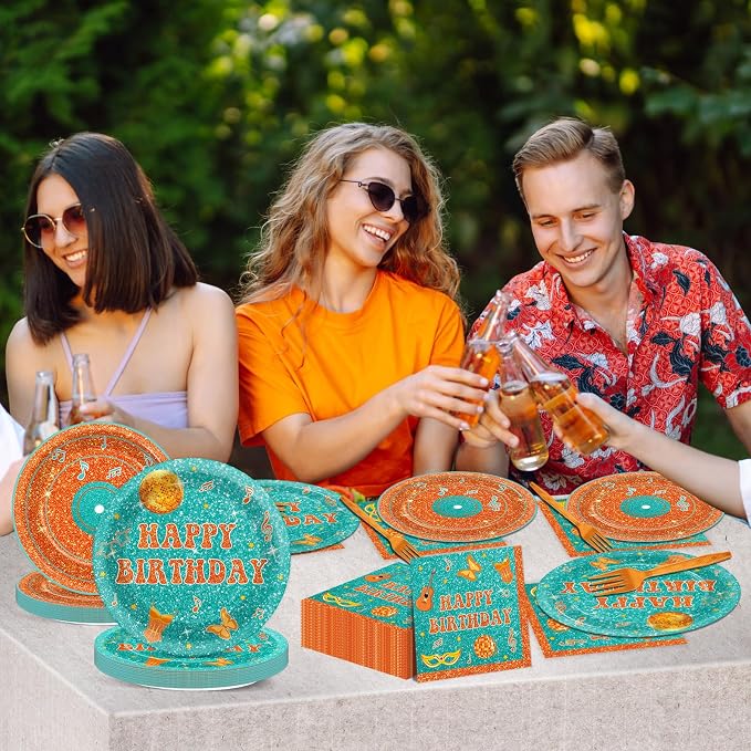 96PCS Popular Singer Birthday Party Paper Plates and Napkins Music Lover Party Decoration Pop Singer Theme Party Supplies Orange Green Glitter Tableware Set Serves 24 Guests Girls Baby Shower Favor