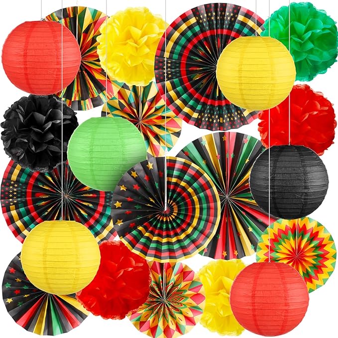 Outus 21 Pcs Black History Month Hanging Decorations Paper Fans Black History Ceiling Decor Kwanzaa Kente Paper Fan Lantern Pom Poms for African American Classroom Wall Decor