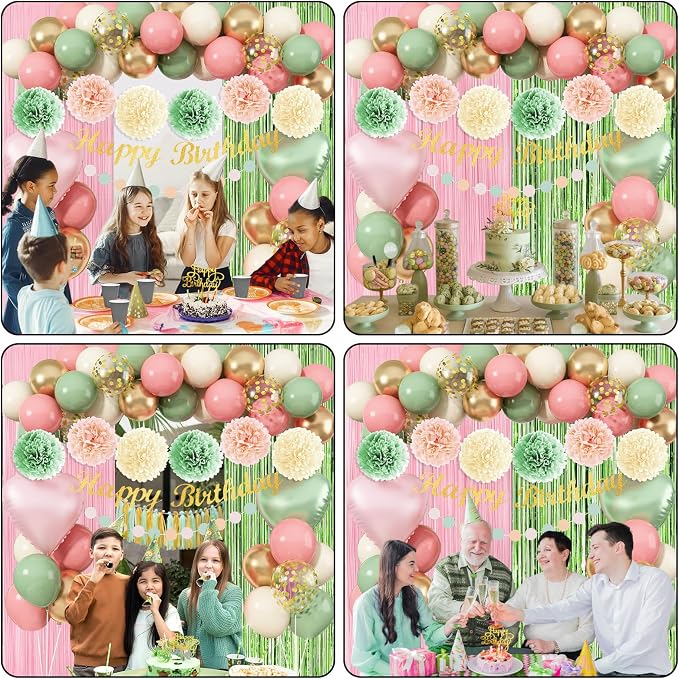 Jobkoo Sage Green Pink Birthday Decorations, Blush Pink Olive Green Gold Sand White Latex Confetti Balloons Boho Happy Birthday Banner Fringe Curtain Pompom for Women Girls Woodland Fairy Party Decor