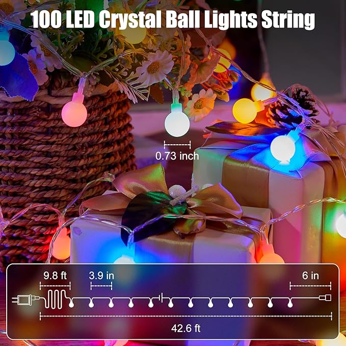 Minetom Globe String Lights, 33 Feet 100 Led Fairy Lights Plug in, 8 Modes with Remote Mini Globe Lights for Indoor Outdoor Bedroom Party Garden Christmas Tree Easter Decoration, Pink + Multicolor