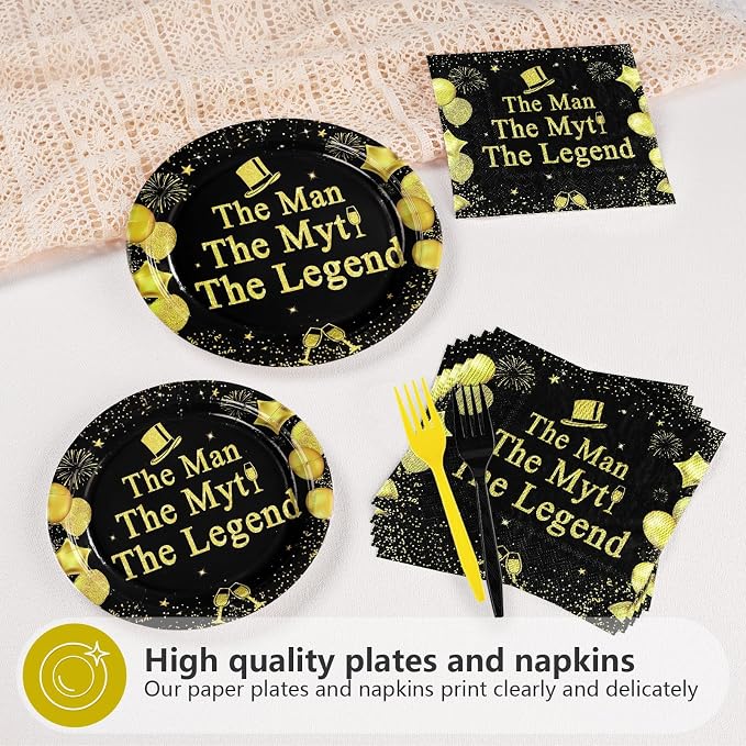 96 Pcs The Man The Myth The Legend Party Decorations Mens Birthday Plates and Napkins Disposable Black and Gold Tableware Set for Fathers Day Birthday Retirement Party Supplies Serves 24