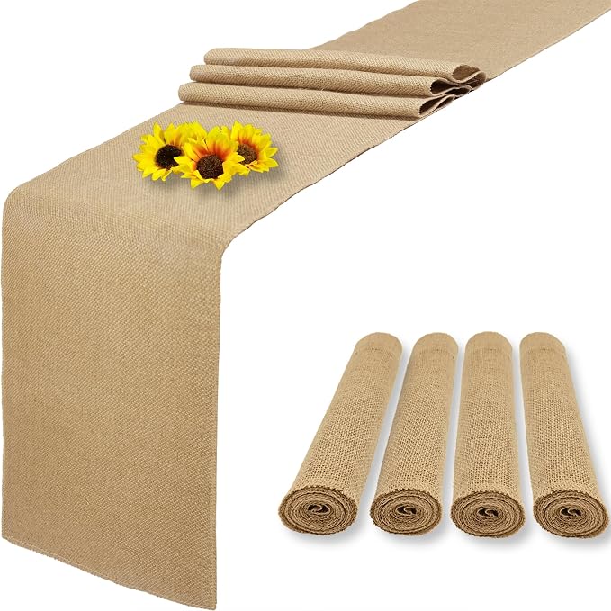 4 Pack 14 x 108 Inch Natural Burlap Table Runners,Rustic Jute Table Runner and Placemats Bulk for Western Wedding Table Decorations,Farmhouse Style Party,Holiday,Kitchen Coffee Table Decor Cover