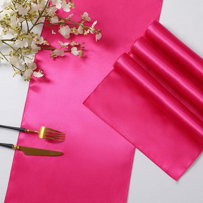 Horbaunal 24 Pack Hot Pink Satin Table Runner 12 x 108 Inch, Smooth Table Runners for Wedding Banquets Birthday Party