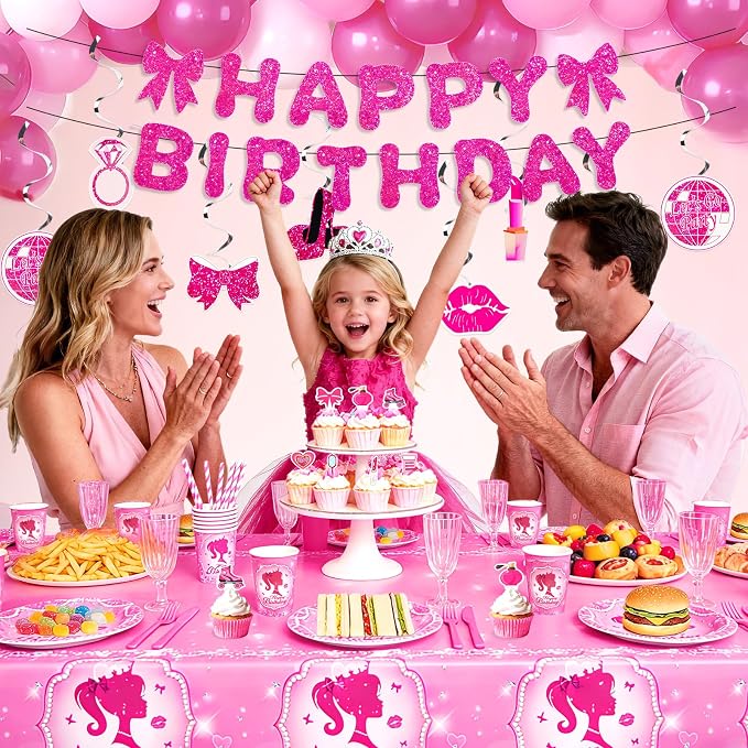 Pink Girls Birthday Party Decorations & Tableware Set | 257Pcs Serves 24 Guests, Includes Plates Cups Napkins Utensils Straws Tablecloth Cake Toppers Banner Hanging Swirls & Balloons (Pink Girls)