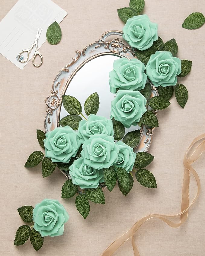 DuHouse 25Pcs Artificial Roses Flowers Fake Roses with Stems Real Touch Foam Flowers for DIY Wedding Bouquet Centerpiece Floral Arrangement Party Home Decor(Mint Green)