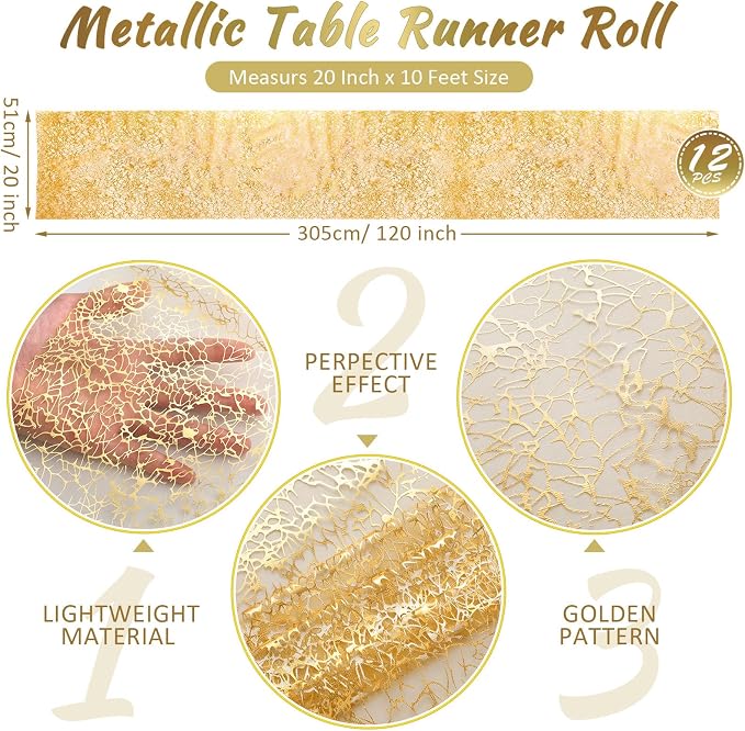 Chumia 12 Pieces Gold Table Runner 20 x 120 Inch Sequin Glitter Table Runner Roll Metallic Thin Mesh Fabric Decor for Party Wedding Shower Birthday Baby Shower Party Supplies