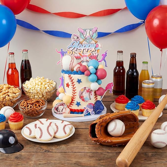 Novabright 42 Pcs Baseball Ice Cream Drip Birthday Cake Decorations Baseball Themed Birthday Cake Toppers Detachable Photo Props for Party Supplies(Ice Cream,Classic)