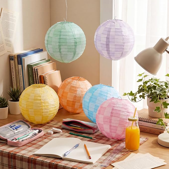 Retisee 12 Pcs Gingham Paper Lanterns Colorful Hanging Decorations 8 Inch Rainbow Checkerboard Ceiling Lanterns Back to School Classroom Decor for Birthday Party First Day of School Kindergarten