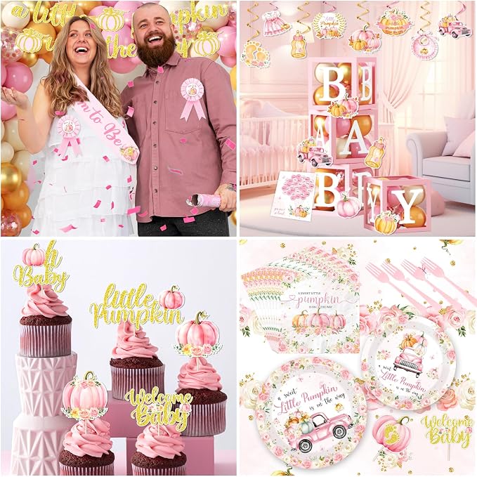 249pcs Little Pumpkin Baby Shower Decorations for Girl,A Sweet Little Pumpkin is On the Way Baby Shower,Pink Pumpkin Floral Balloons Plates Boxes Tablecloth for Fall Thanksgiving Autumn Party Decor