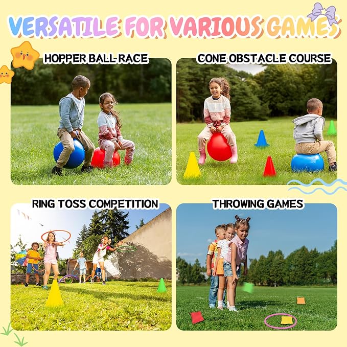 JOY SPOT! Carnival Outdoor Games Combo Set for Kids, 18 Inch Hopper Balls with Handles, Ring Toss, Bean Bags, Egg Spoon Relay Race, Fun for Backyard, Field Day, School, Birthday Parties, Family Events