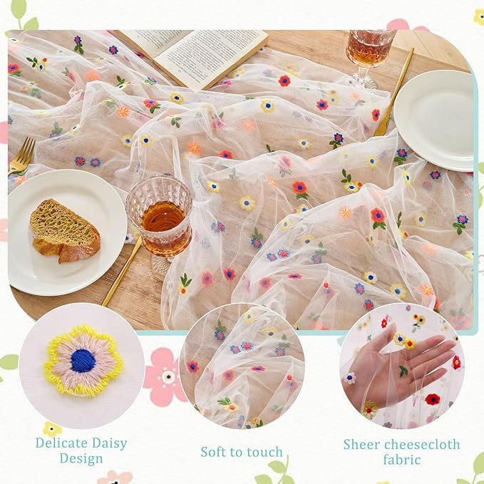 BINBE 1pcs Ivory Daisy Spring Table Runner Embroidery Gauze 10FT Florals Seasonal Tulle Holiday Birthday Kitchen Dining Table Decor for Home Party