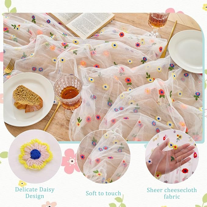 BINBE 6pcs Ivory Daisy Spring Table Runner Embroidery Gauze 10FT Florals Seasonal Tulle Holiday Birthday Kitchen Dining Table Decor for Home Party