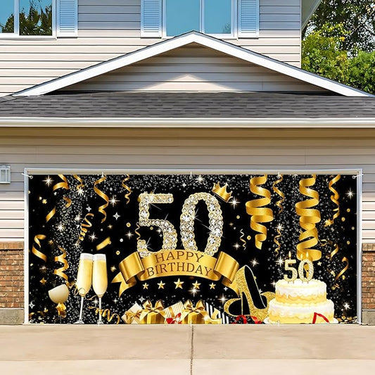 50th Birthday Garage Door Banner Cover 7x16ft Waterproof -Gold Glitter Diamond Backdrop, Luxury Milestone Party Decor for Adults, Anniversary Photo Booth Background