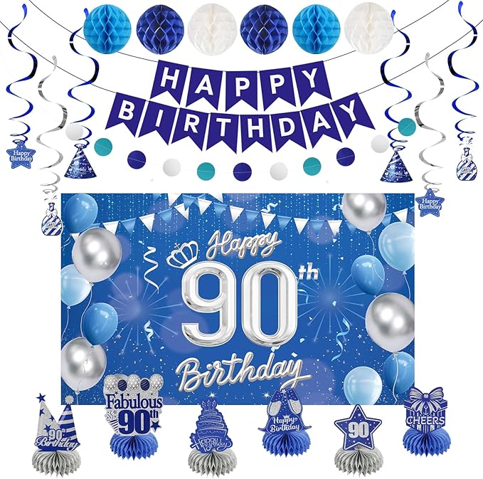 Happy Birthday Party Decoration Set: Including Birthday Banner Backdrop, Party Table Centerpieces and Hanging Swirl Party Streamers, Birthday Decor Suppliers for Men and Women (Blue, 90th Birthday)
