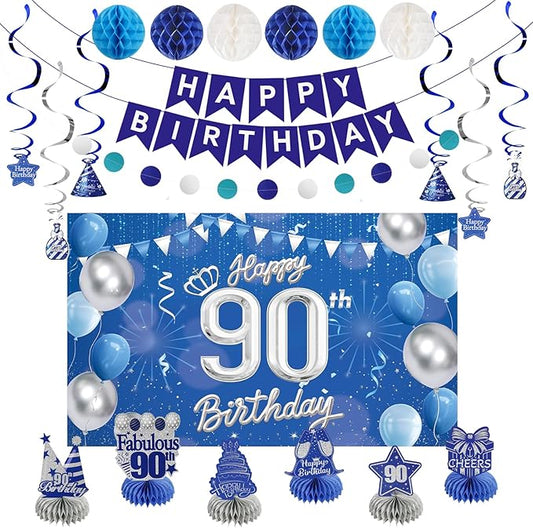 Happy Birthday Party Decoration Set: Including Birthday Banner Backdrop, Party Table Centerpieces and Hanging Swirl Party Streamers, Birthday Decor Suppliers for Men and Women (Blue, 90th Birthday)