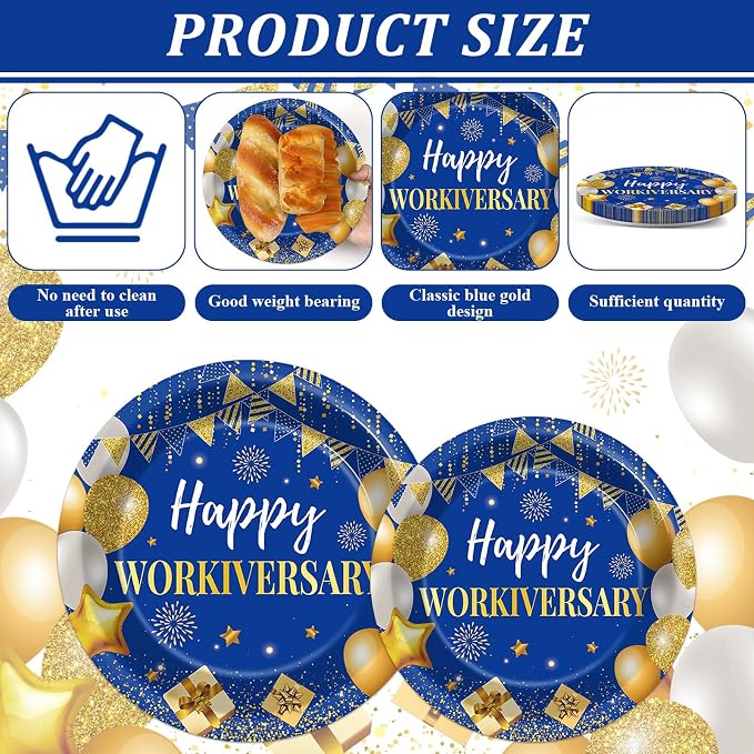 Justforjoyful 96Pcs Happy Work Anniversary Party Supplies Blue Gold Happy Workiversary Tableware Dinnerware Set Worker Appreciation Plates Napkins Decorations for Women Men Office Employee Worker