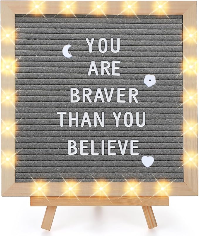 Changeable Felt Letter Board with LED Lights - 10×10" Message Custom Signs & Wood Stand & 450 Letters, Poster Board for Baby/Pregnancy Announcement/Classroom Wall Decor Gifts First Day of School, Grey
