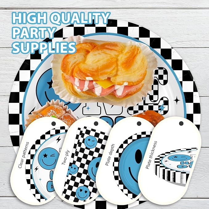 250Pcs One Happy Dude 1st Birthday Party Decorations Blue Smile Face Plates Napkins Cups Forks Tableware Set Black White Plaid Decoration for One Years Old Boy Birthday Baby Shower Supplies Serves 50
