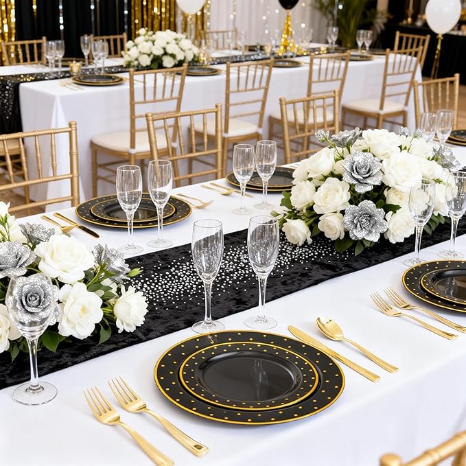 DaYammi 200Pcs Gold and Black Plastic Plates with Silverware,Black Disposable Plates for Party Black Gold Supplies Includes 40 Dinner Plate,40 Dessert Plate,40 Forks,40 Knives,40 Spoons for Party