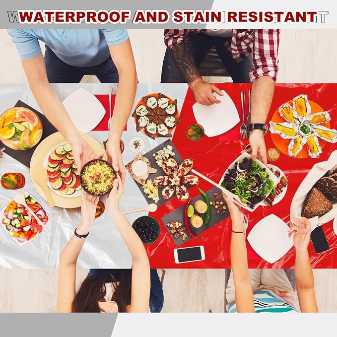 Boao 24 Pcs Summer Plastic Table Cloth Rectangle Picnic Table Covers Elastic Fitted Tablecloth, Disposable Waterproof for Camping, Indoor, Outdoor(Red,8 Ft, 96 x 30 Inch)