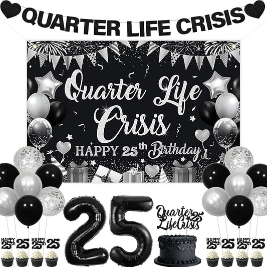 25th Birthday Decorations for Women Black Quarter Life Crisis Banner Backdrop Black Happy 25th Birthday Backdrop 25th Birthday Cake Toppers Supplies for Funny Twenty Fine Birthday