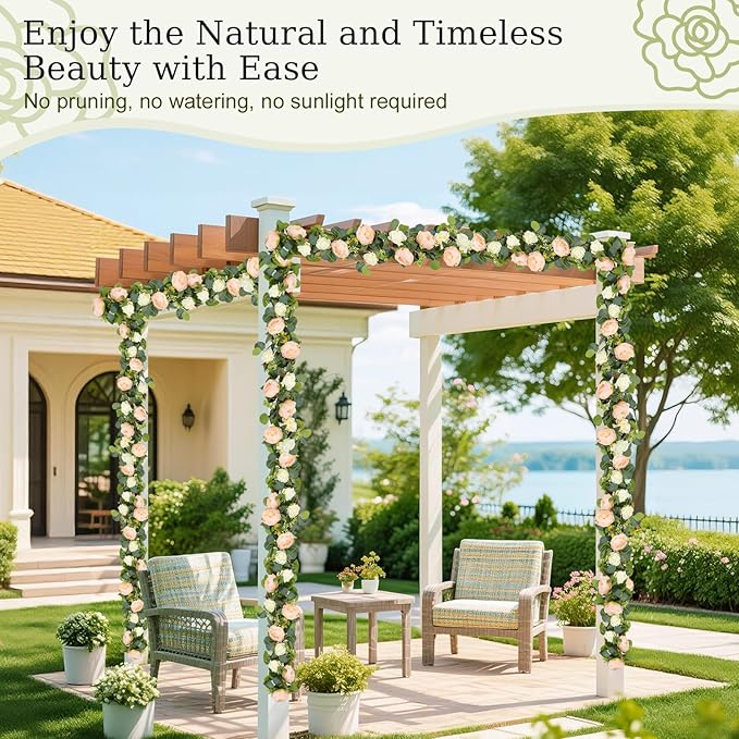 Lewondr Artificial Eucalyptus Garland with Flower - 4 Rose 4 Peony, 6FT Faux Floral Greenery Garlands Fake Flowers Vines, Maintenance-Free for Wedding Table Backdrop Party Room Decor, Mixed Champagne