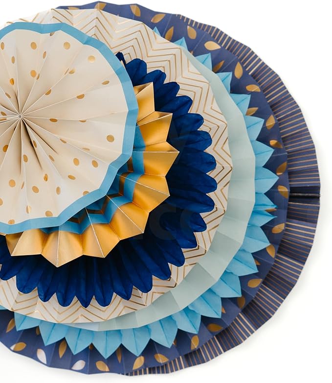 PapaKit 8-Piece Origami Paper Fan Decorations - Starry Midnight Blue & Metallic Gold Hanging Pinwheels – Reusable Wall Backdrop for Birthday, Baby Shower, Graduation, and New Year's Eve Parties
