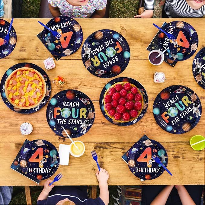 96Pcs Reach Four the Stars Party Supplies Space 4th Birthday Plates and Napkins Disposable Outer Space Theme Tableware Set for Boys Galaxy Astronauts Planet Birthday Party Decorations Serves 24