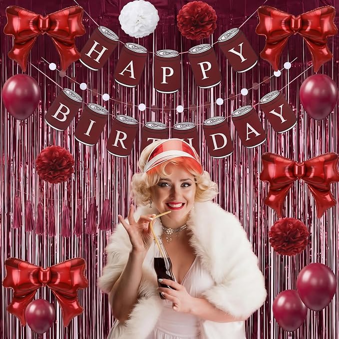 Arrowbash 33 Pcs Burgundy Maroon White Birthday Decorations Include Happy Birthday Banner, Red Tinsel Foil Backdrop, Tissue Paper Pom Poms, Circle Dots Garland, Bow Balloons, Paper Tassels